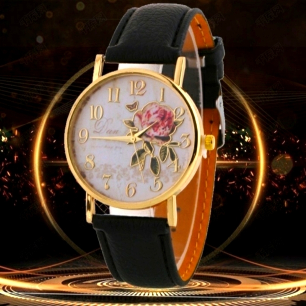 Rose Face Analog Leather Watch Black